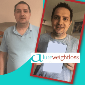 Before and after of a man who has undergone weight loss and now looks happier