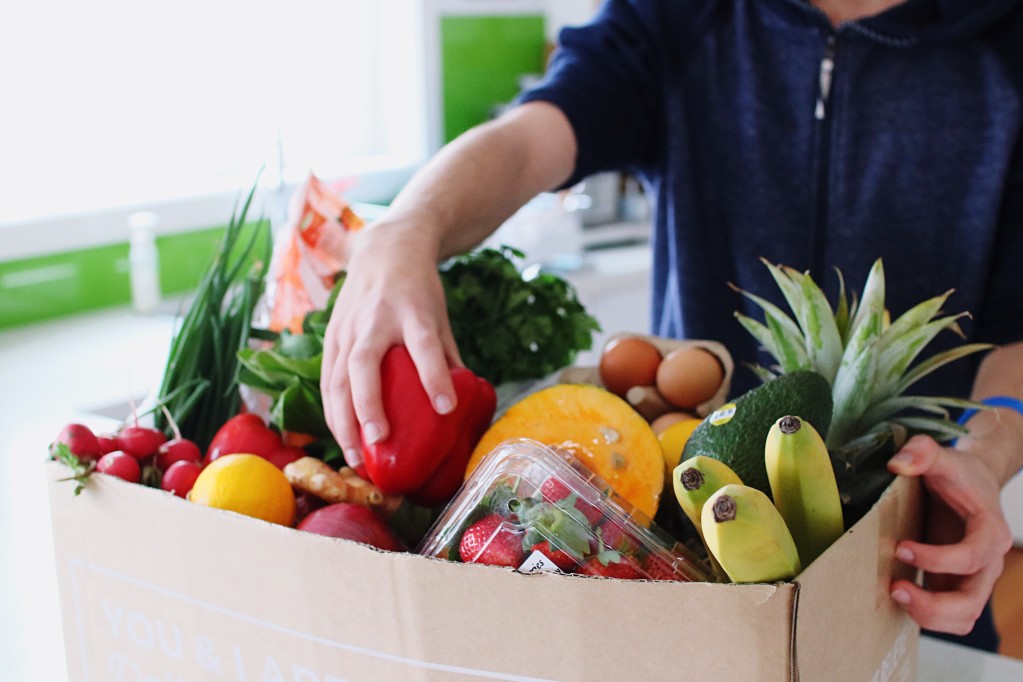 Mixture of fruit and vegetables in a box